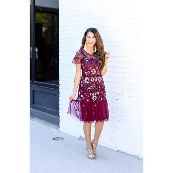 Gianni Bini Women's Wendy Burgundy Sequin Mesh Embroidered Floral Dress, Size 0 - Picture 2 of 14